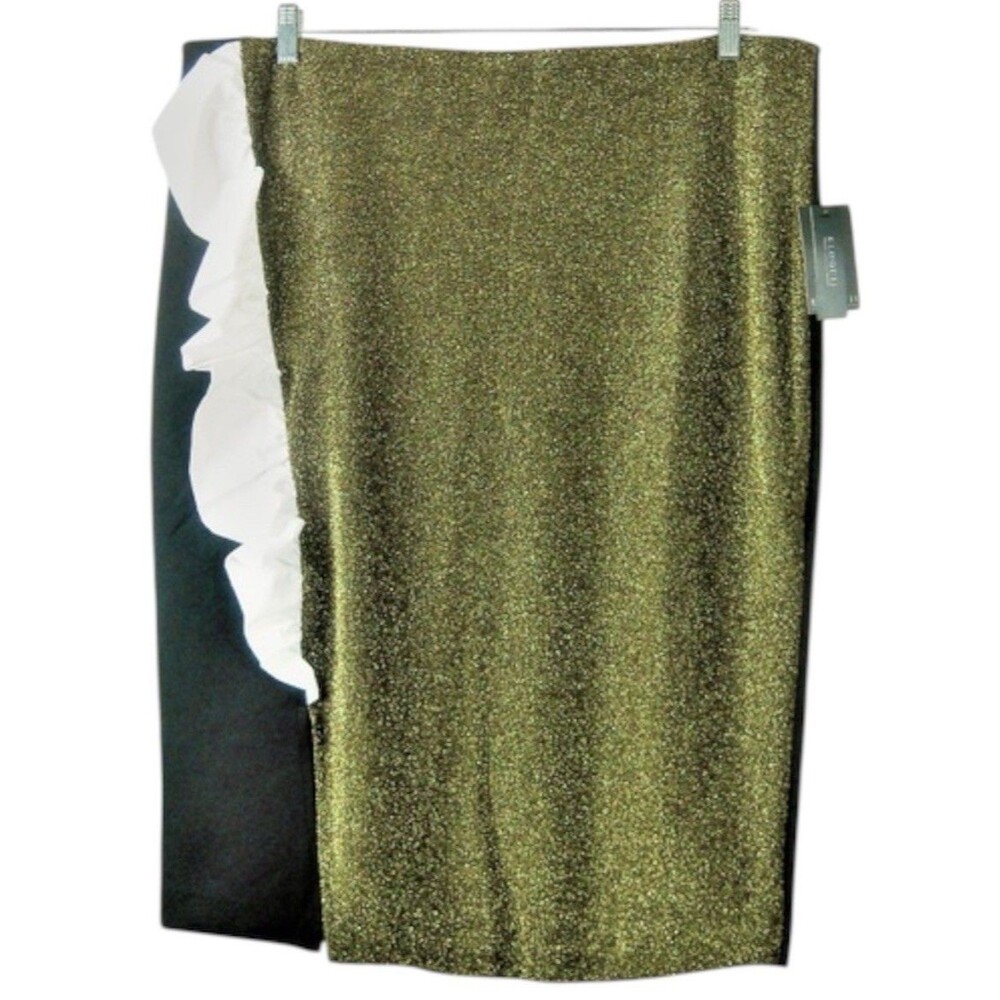 Eloquii Pencil Skirt Plus Size 20 Black Gold Metallic Glitter White Ruffle Glam